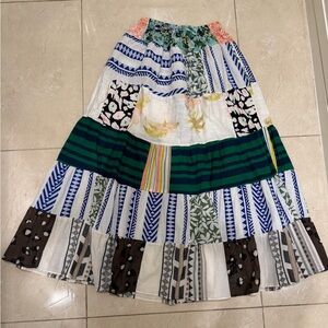 Ashley Taylor Patchwork Tiered Maxi Skirt in Green, Blue, White, Brown